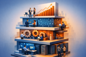 Ilustração de um edifício em camadas representando arquitetura de software, com ícones tecnológicos e pessoas tomando decisões, simbolizando estratégias em SaaS. Cores em tons de azul e laranja, iluminação suave.