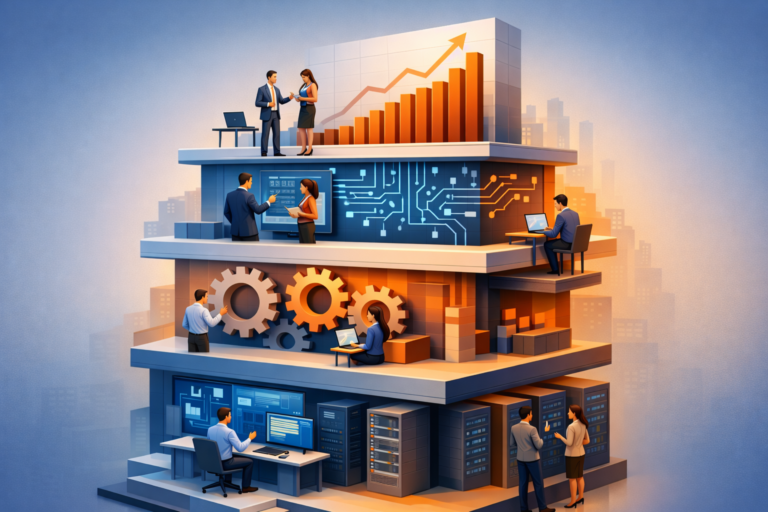 Ilustração de um edifício em camadas representando arquitetura de software, com ícones tecnológicos e pessoas tomando decisões, simbolizando estratégias em SaaS. Cores em tons de azul e laranja, iluminação suave.