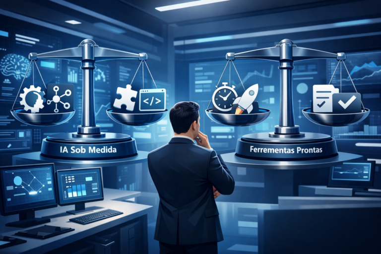 Empresário em um escritório moderno, analisando uma balança com IA Sob Medida e outra com Ferramentas Prontas, representando a escolha entre soluções de IA personalizadas e prontas para negócios.