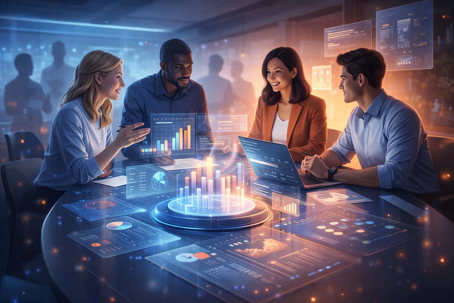 Ilustração digital moderna mostrando um time multidisciplinar ao redor de uma mesa futurística, com elementos de software integrados ao ambiente, representando crescimento e decisão em um contexto SaaS e estratégico.