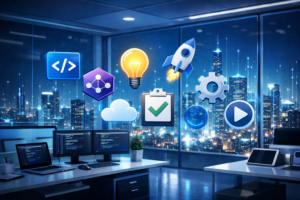 Laboratório tecnológico com símbolos de desenvolvimento de software flutuando, representando dois caminhos: decisões rápidas e decisões bem fundamentadas na criação de um MVP para SaaS.