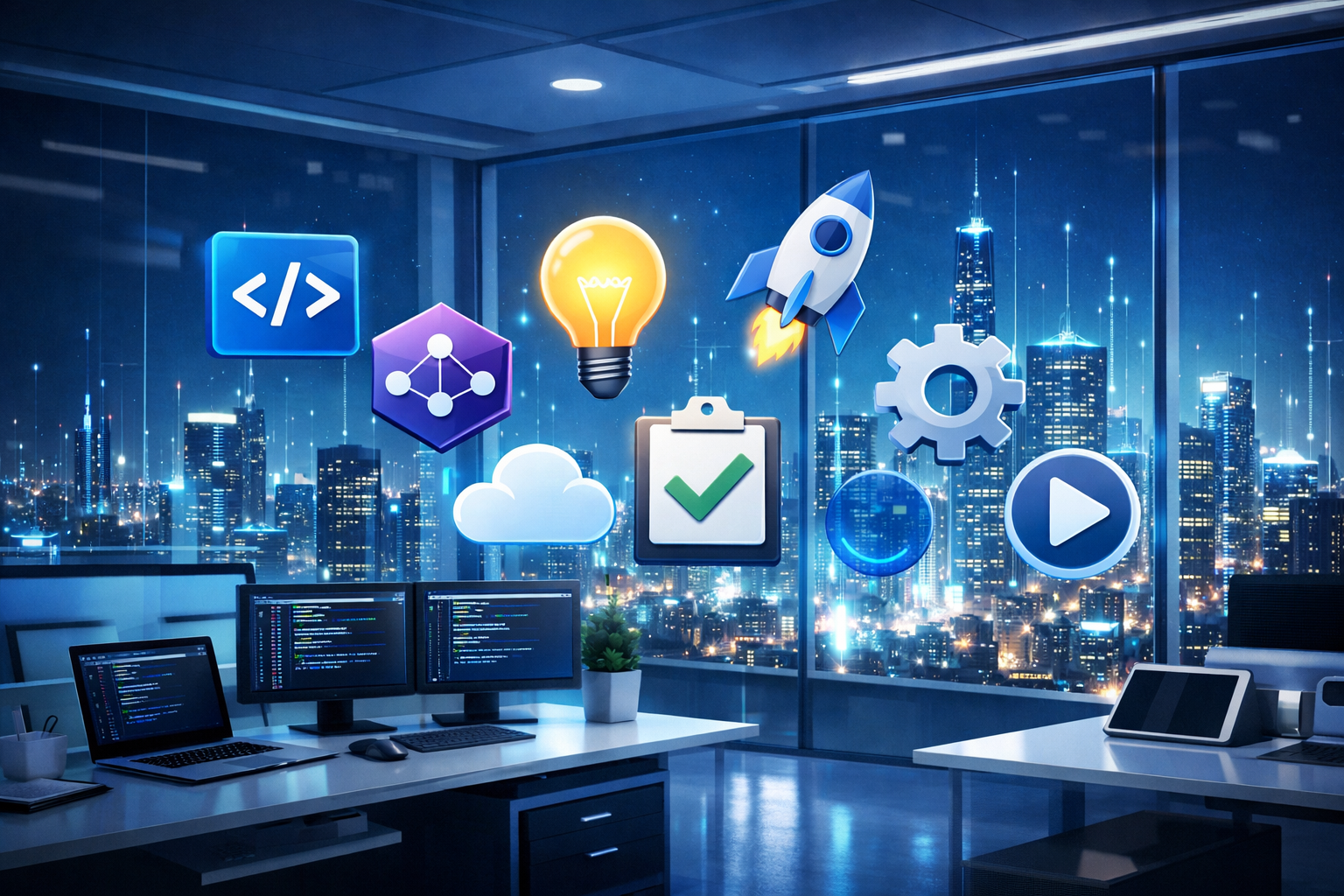 Laboratório tecnológico com símbolos de desenvolvimento de software flutuando, representando dois caminhos: decisões rápidas e decisões bem fundamentadas na criação de um MVP para SaaS.