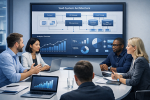 Equipe de especialistas em tecnologia discutindo estratégias para evitar falhas em projetos SaaS, com gráficos e diagramas em uma tela ao fundo.