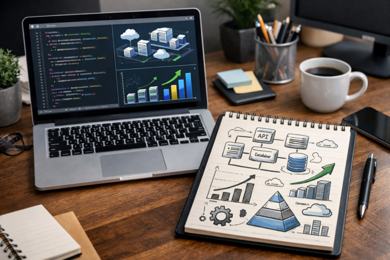 Mesa de trabalho moderna com laptop mostrando código e gráficos, croquis de arquitetura de software e elementos de escalabilidade, refletindo um design tech e clean.