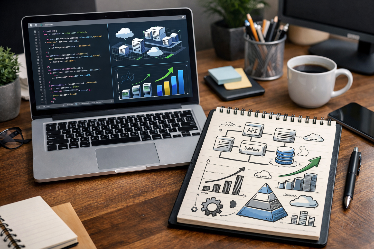 Mesa de trabalho moderna com laptop mostrando código e gráficos, croquis de arquitetura de software e elementos de escalabilidade, refletindo um design tech e clean.