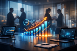 Imagem conceitual mostrando uma mesa de reunião com laptops apresentando interfaces de software, gráficos flutuantes em azul e laranja representando crescimento e eficiência, e silhuetas de pessoas colaborando ao fundo, simbolizando decisão e estratégia no contexto de uma software house SaaS.