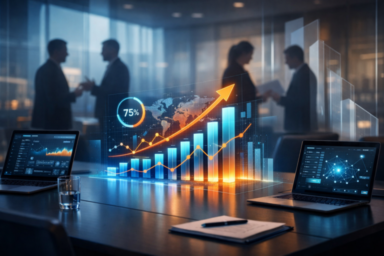 Imagem conceitual mostrando uma mesa de reunião com laptops apresentando interfaces de software, gráficos flutuantes em azul e laranja representando crescimento e eficiência, e silhuetas de pessoas colaborando ao fundo, simbolizando decisão e estratégia no contexto de uma software house SaaS.